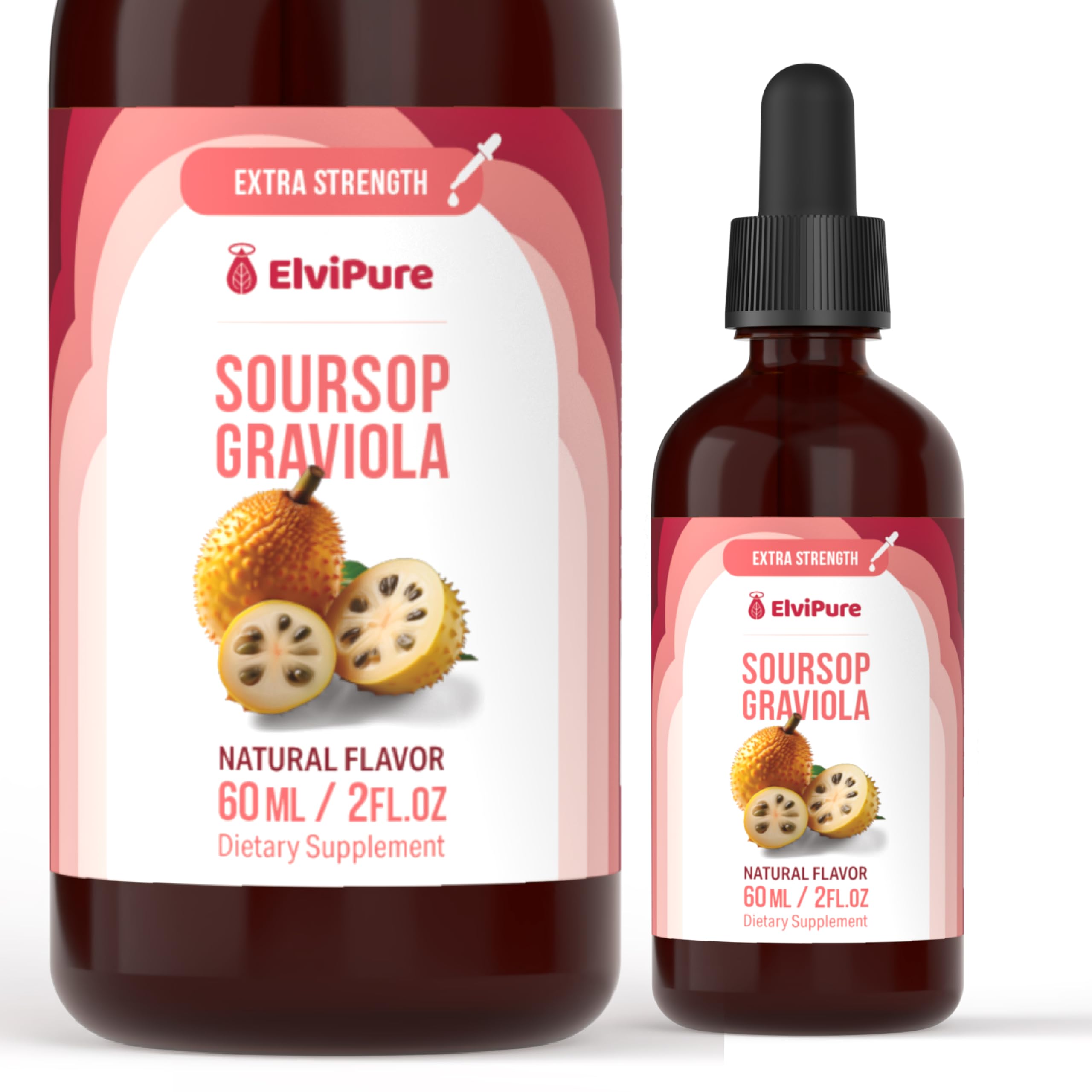 Front view of ElviPure Soursop bottle showcases compact, travel-ready packaging.