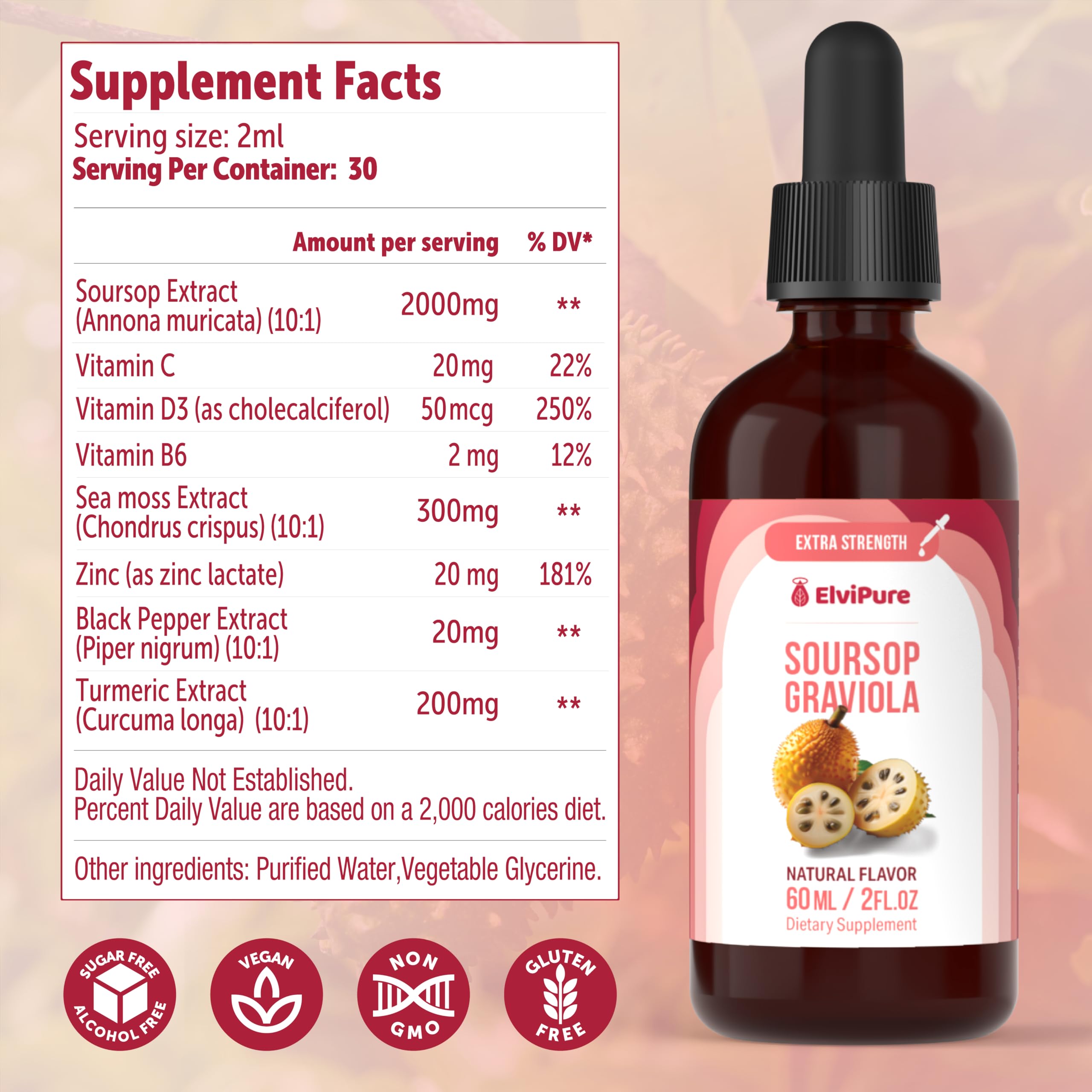 ElviPure Soursop daily-use bottle demonstrates vegan clean-label formulation.