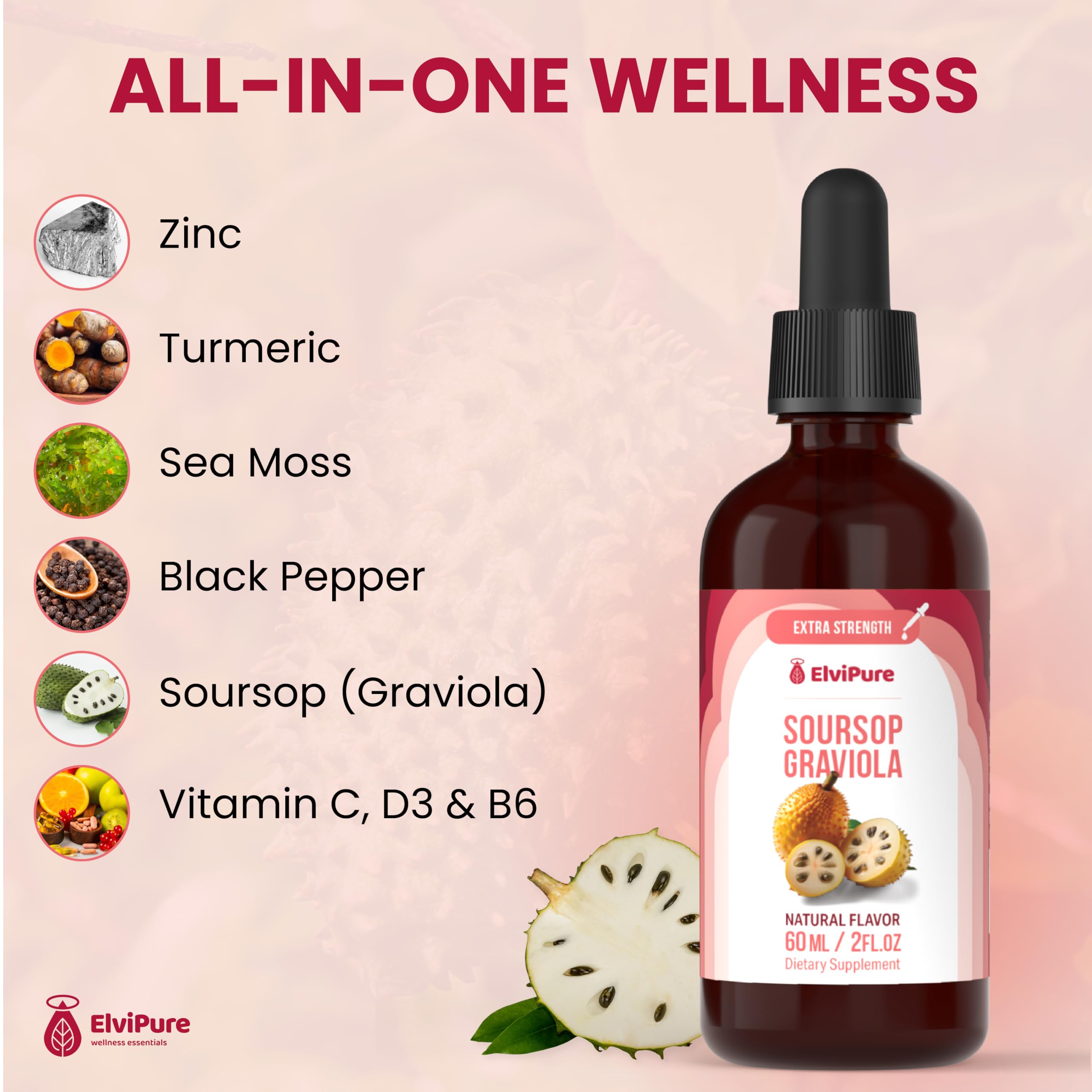 ElviPure Soursop liquid dropper for easy sublingual dosing or mixing.