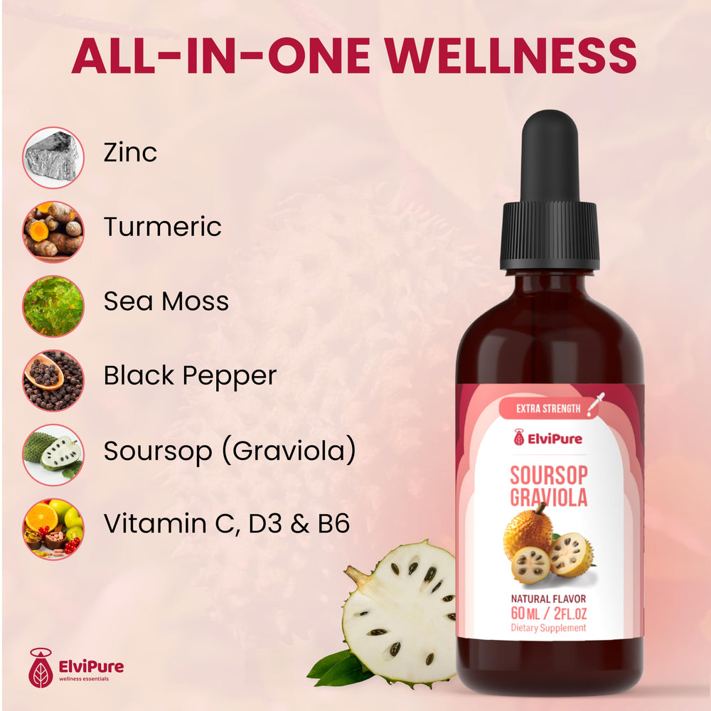 ElviPure Soursop liquid dropper for easy sublingual dosing or mixing.