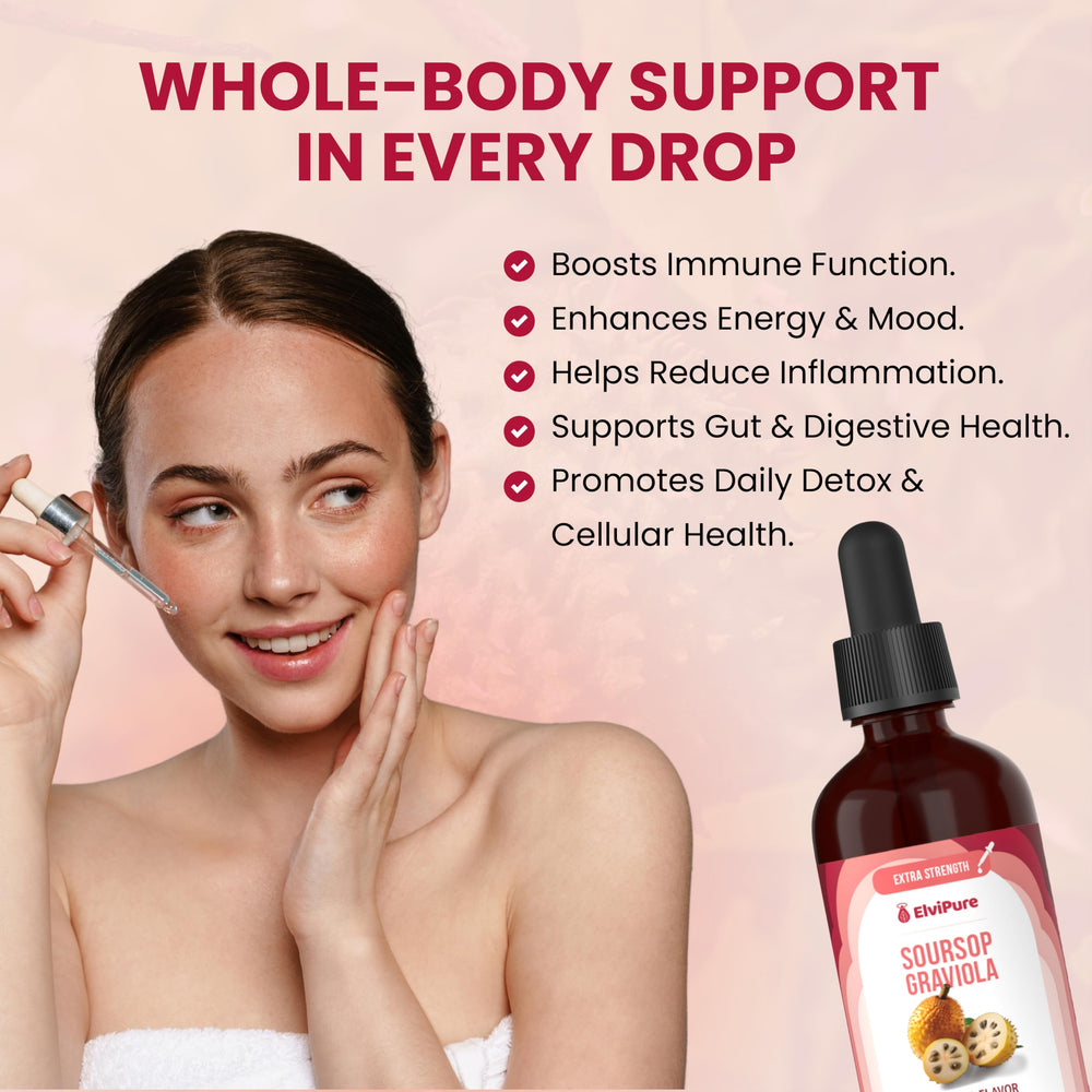 ElviPure Soursop liquid form highlights a smooth, fast-absorbing tincture.