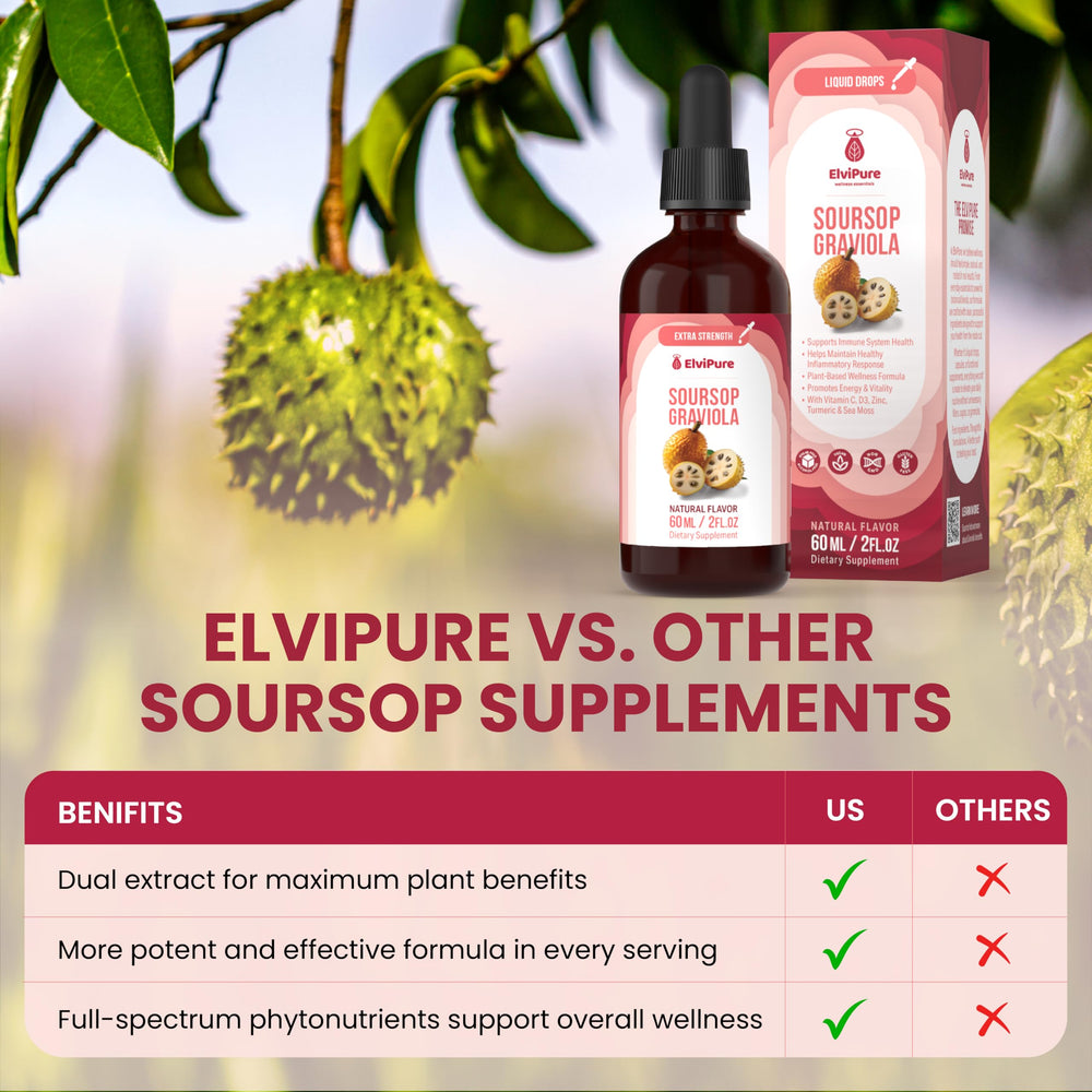 ElviPure Soursop with vitamins C and D3 highlights immune-support nutrients.