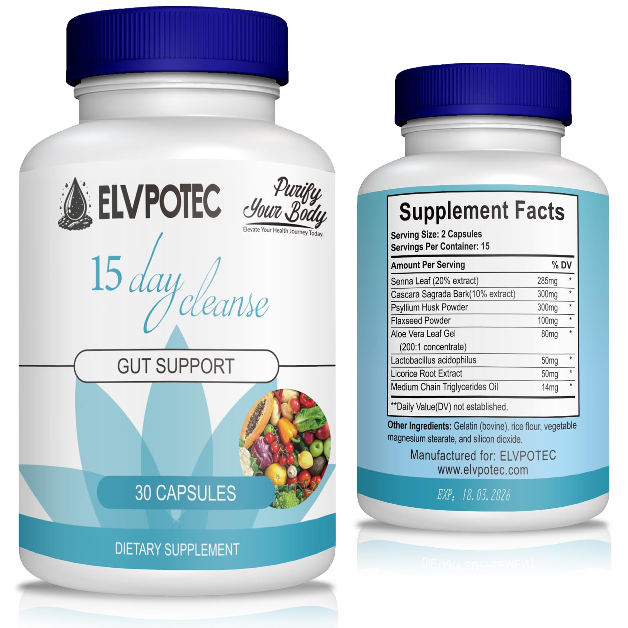 ELVPOTEC 15 Day Cleanse bottle with capsules for daily digestive support.