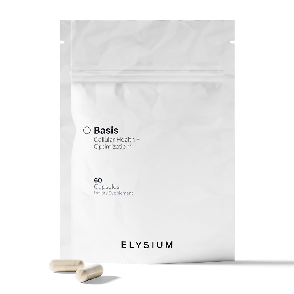 ELY-SIUM Basis NAD+ bottle front view highlighting NR 250mg and PT 50mg for energy
