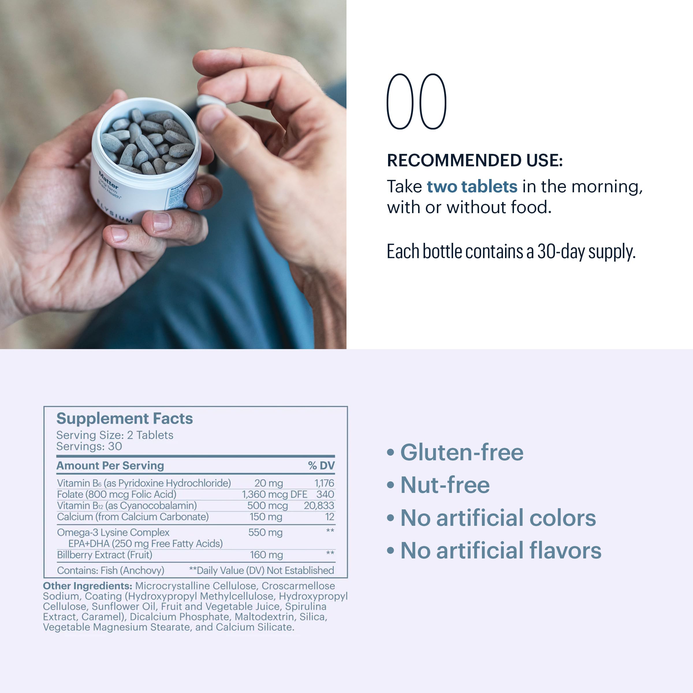 ELY-SIUM Matter ingredients close-up reveals tri-vitamin complex and omega-3 blend