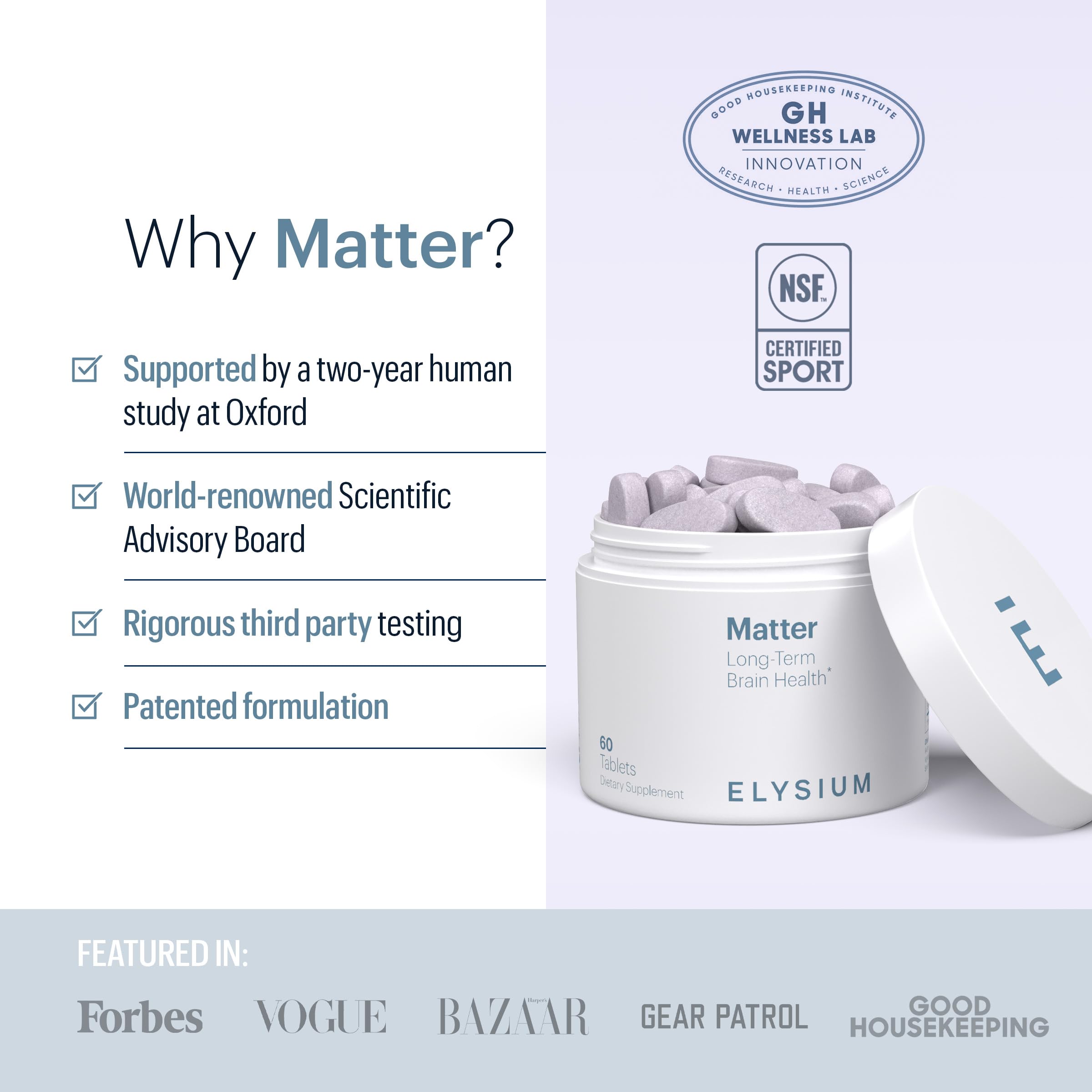 ELY-SIUM Matter label close-up emphasizes science-backed brain health formulation