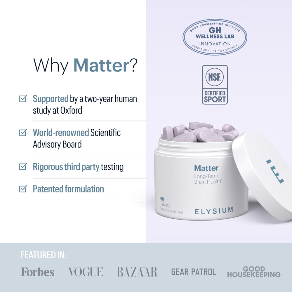 ELY-SIUM Matter label close-up emphasizes science-backed brain health formulation