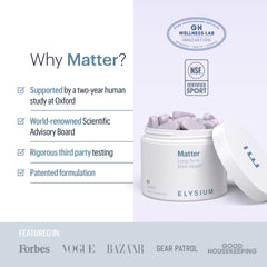 ELY-SIUM Matter label close-up emphasizes science-backed brain health formulation