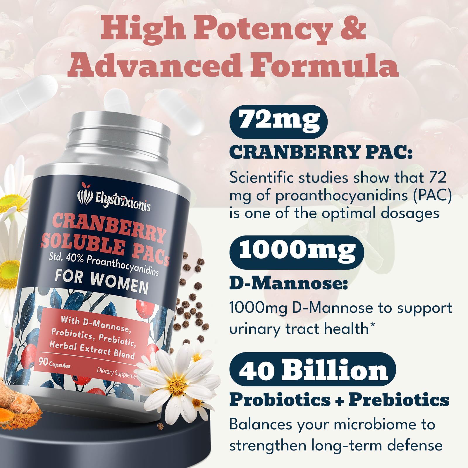 Elystrixionis D-Mannose cranberry pills bottle convenient for on-the-go use