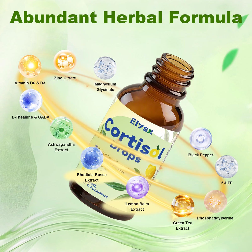 Elysx Cortisol Drops bottle with glass scene promoting relaxation.