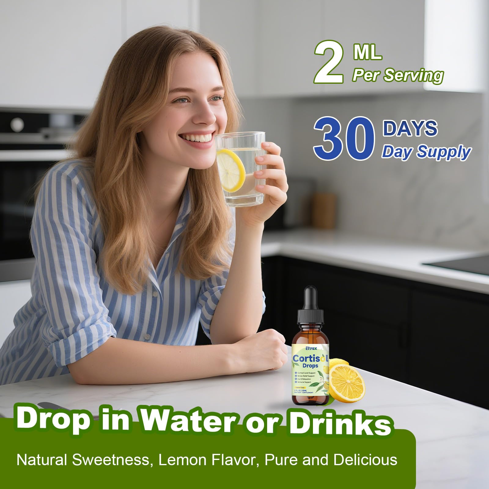 Elysx Cortisol Drops lemon flavor splash on a drink.
