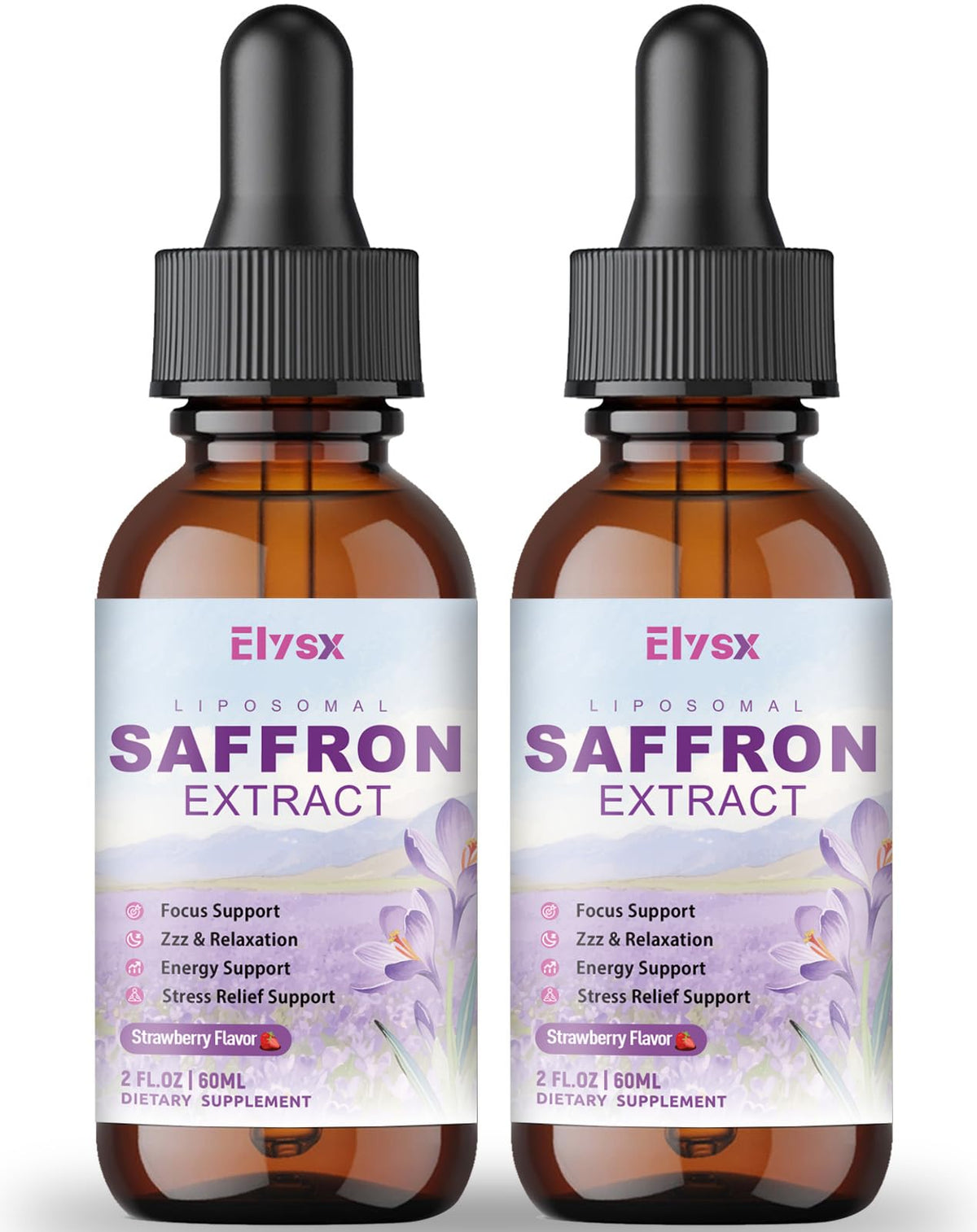 Elysx liposomal saffron bottle pour showing premium drop formulation for daily calm and focus