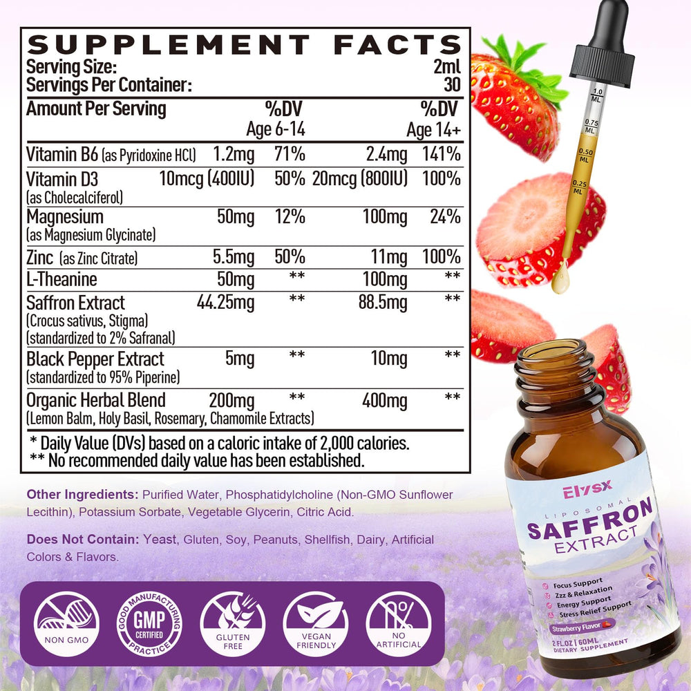 Elysx liposomal saffron dropper dispense highlights precise dosing for kids and adults