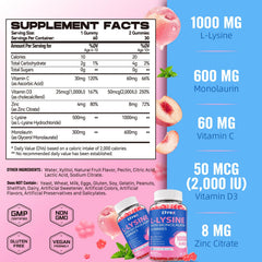 Elysx L-Lysine Gummies bottle back nutrition panel highlighting ingredients.