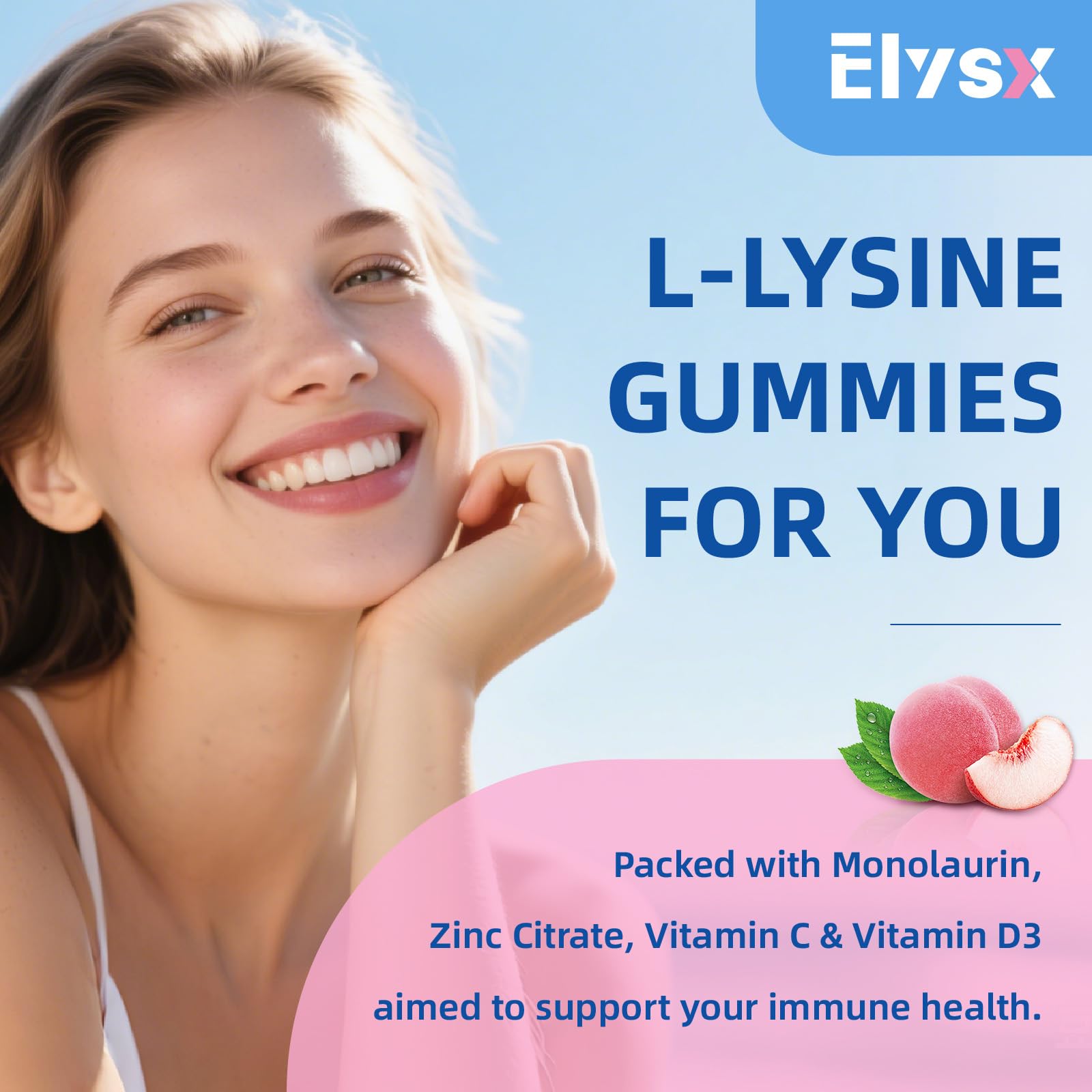 Elysx L-Lysine Gummies dosage guide showing adults 2 gummies and kids 1 gummy.