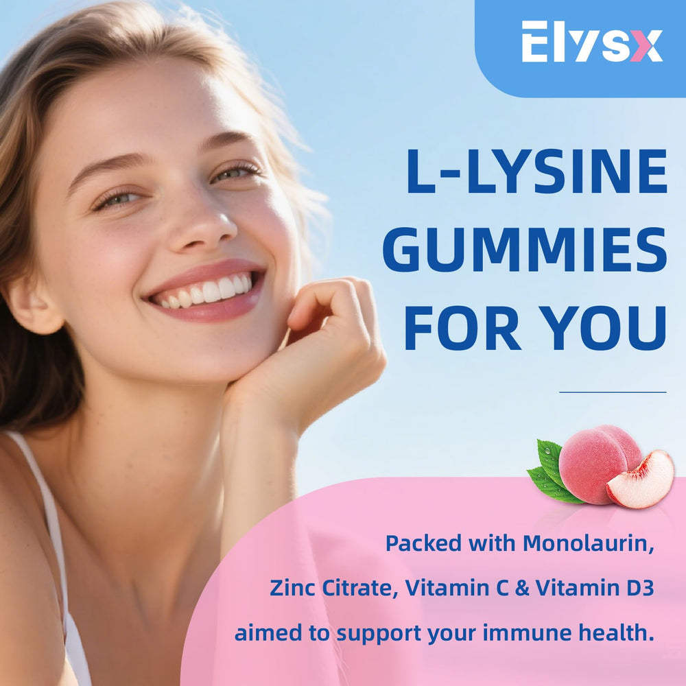 Elysx L-Lysine Gummies dosage guide showing adults 2 gummies and kids 1 gummy.