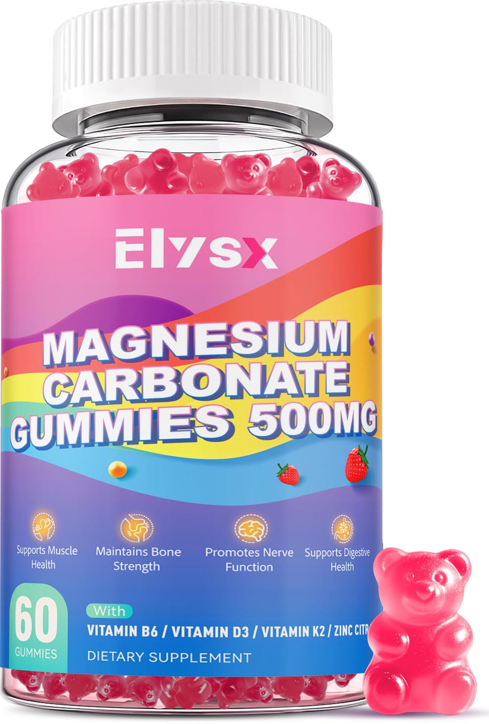 Elysx Magnesium Carbonate Gummies bottle with strawberry flavor and serving size.