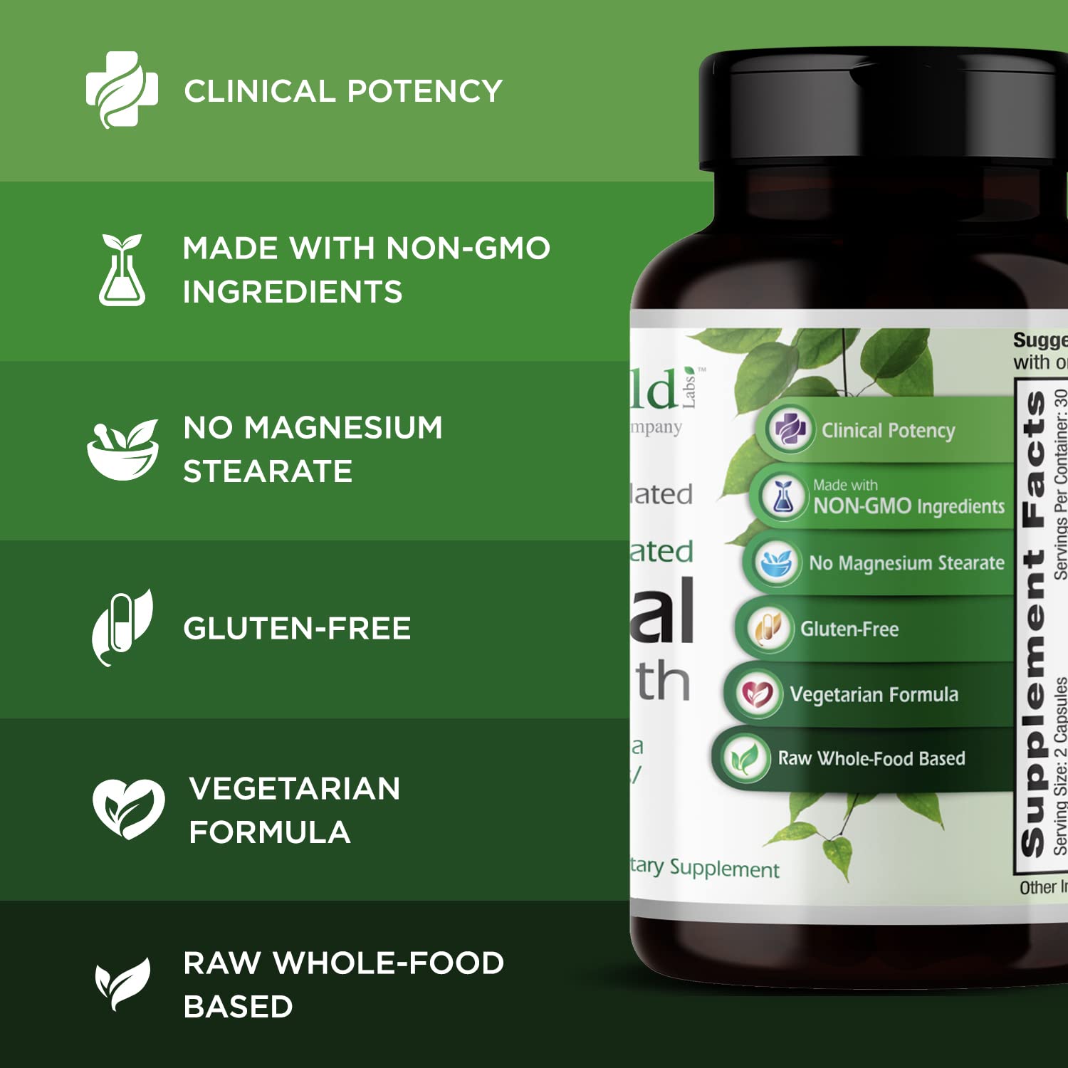 Emerald Labs Adrenal Health ingredients chart featuring Sensoril Ashwagandha and Rhodiola.
