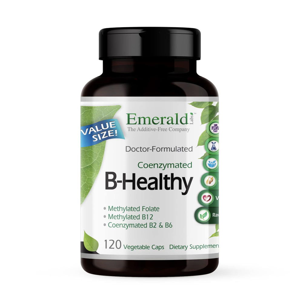 Emerald Labs B-Healthy bottle front view with vegan capsules for daily energy and immune support.