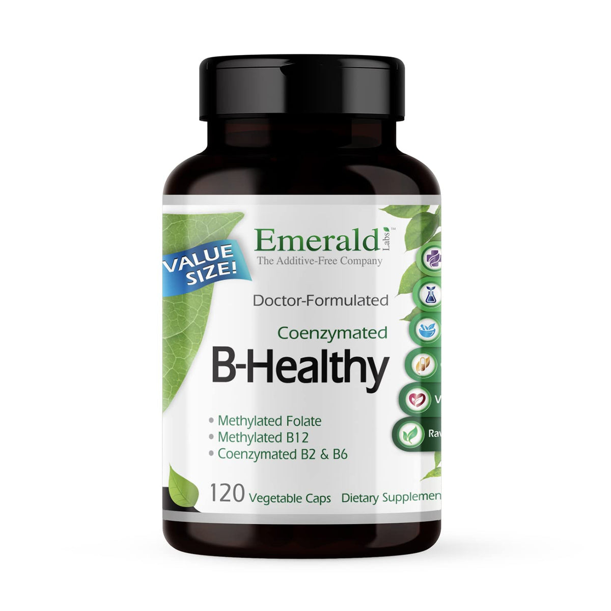 Emerald Labs B-Healthy bottle front view with vegan capsules for daily energy and immune support.