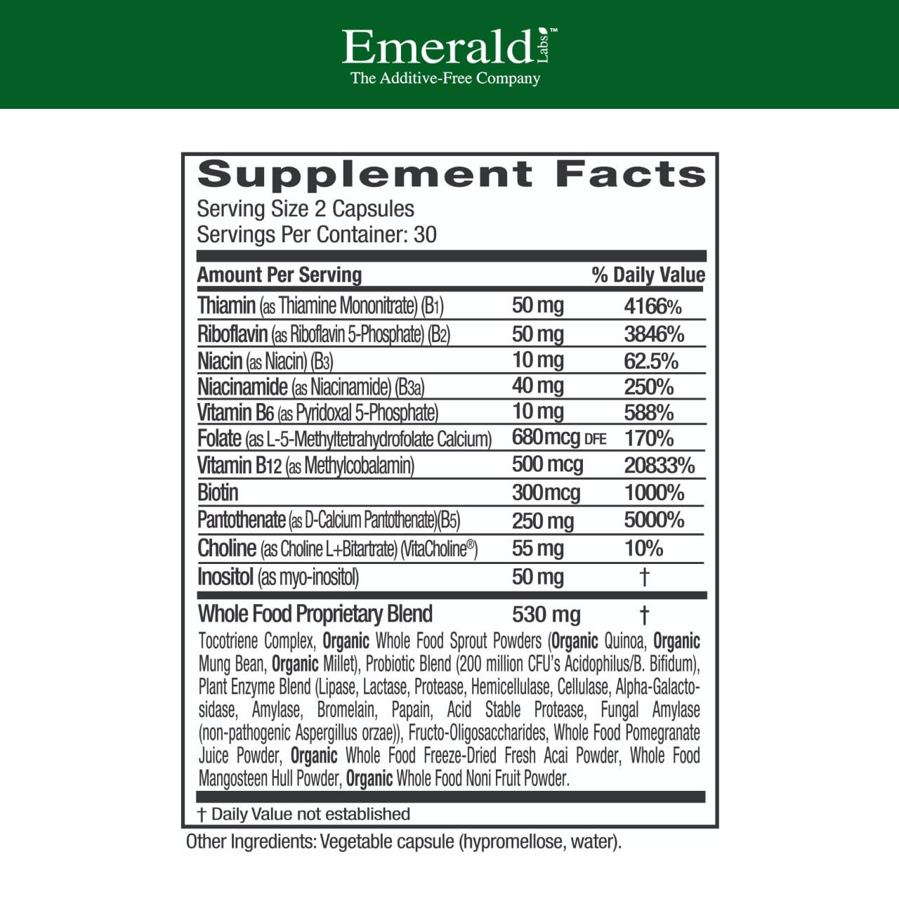 Emerald Labs B-Healthy bottle label close-up highlights vitamin B details.