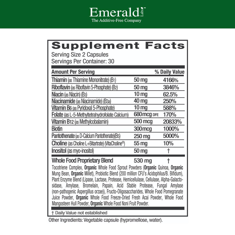 Emerald Labs B-Healthy bottle label close-up highlights vitamin B details.