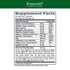 Emerald Labs B-Healthy bottle label close-up highlights vitamin B details.
