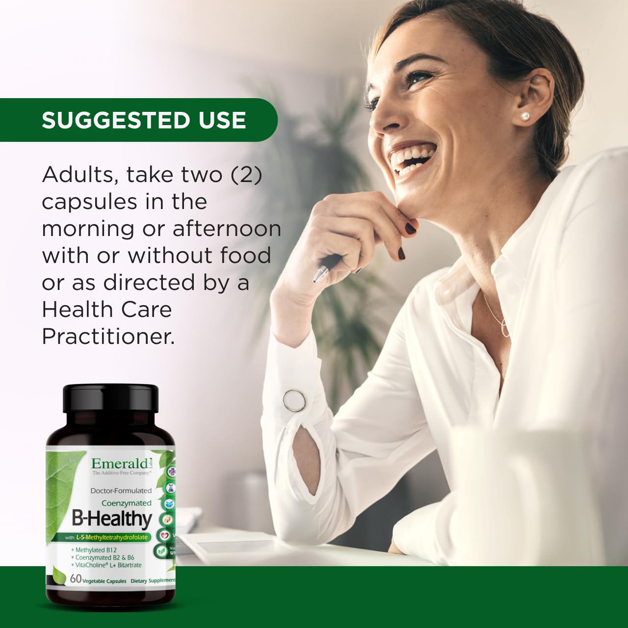 Emerald Labs B-Healthy ingredients panel shows methylated folate and B vitamins.
