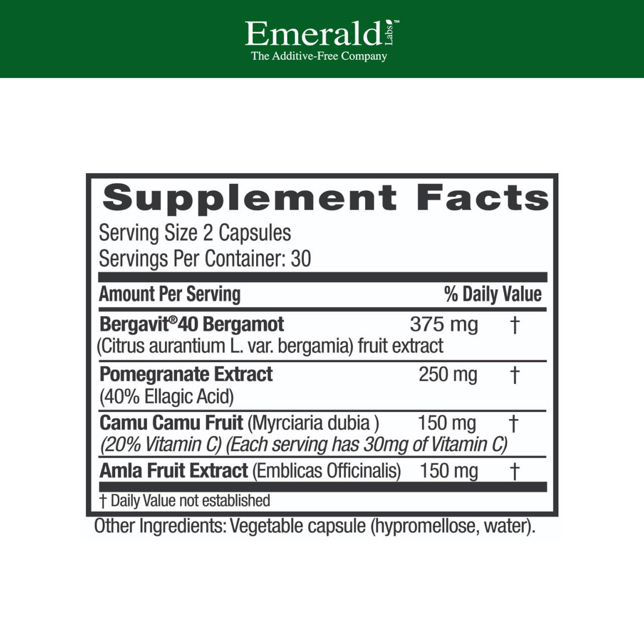 EMERALD LABS Bergamot+ label highlighting key ingredients