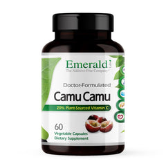 Emerald Labs Camu Camu bottle front with daily immunity support messaging.