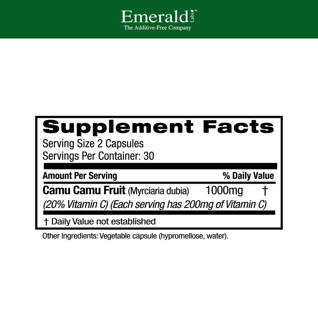 Emerald Labs Camu Camu bottle pour demonstrating easy capsule intake.