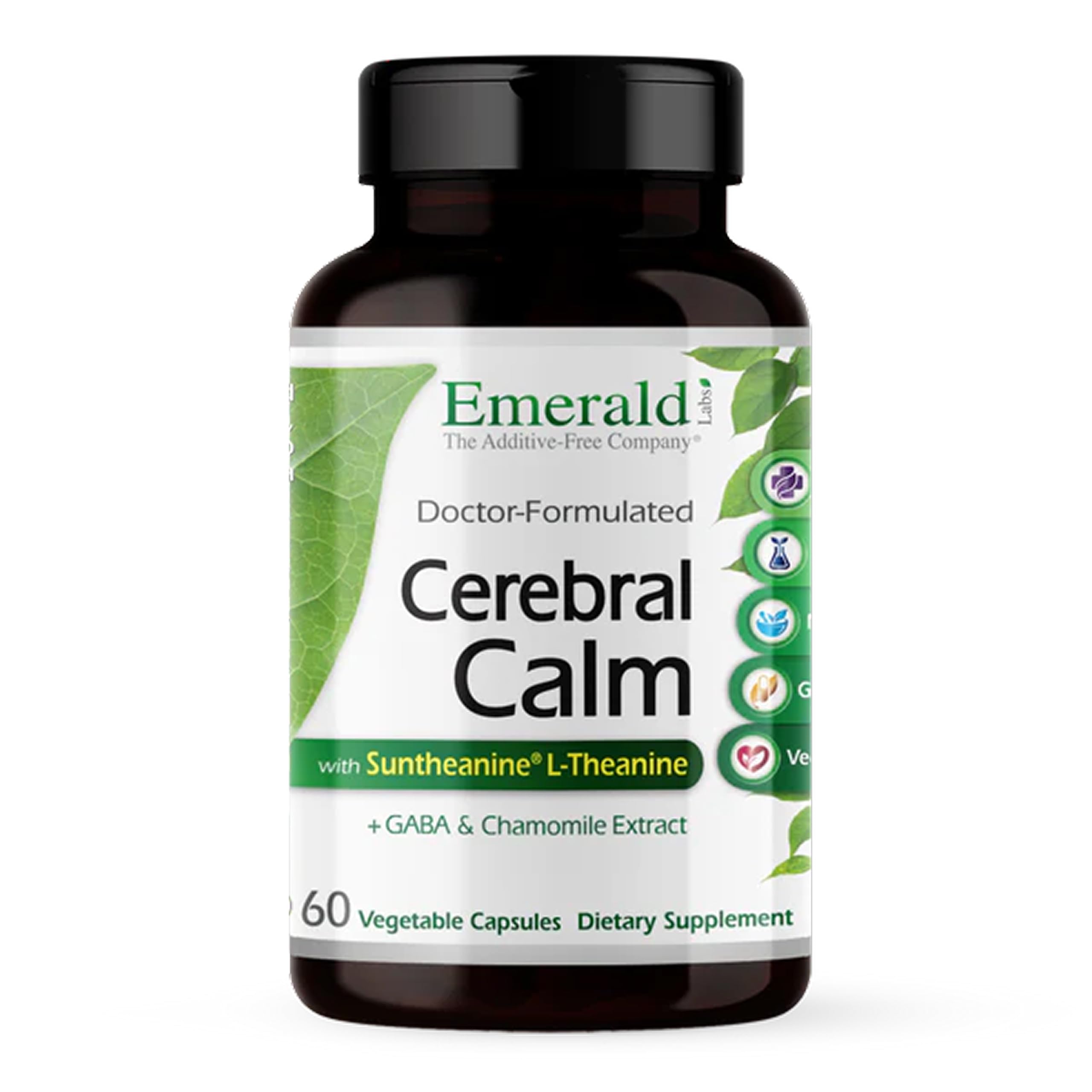 Emerald Labs Cerebral Calm bottle shows calming brain health formula for daily focus support