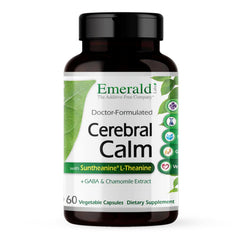 Emerald Labs Cerebral Calm bottle shows calming brain health formula for daily focus support