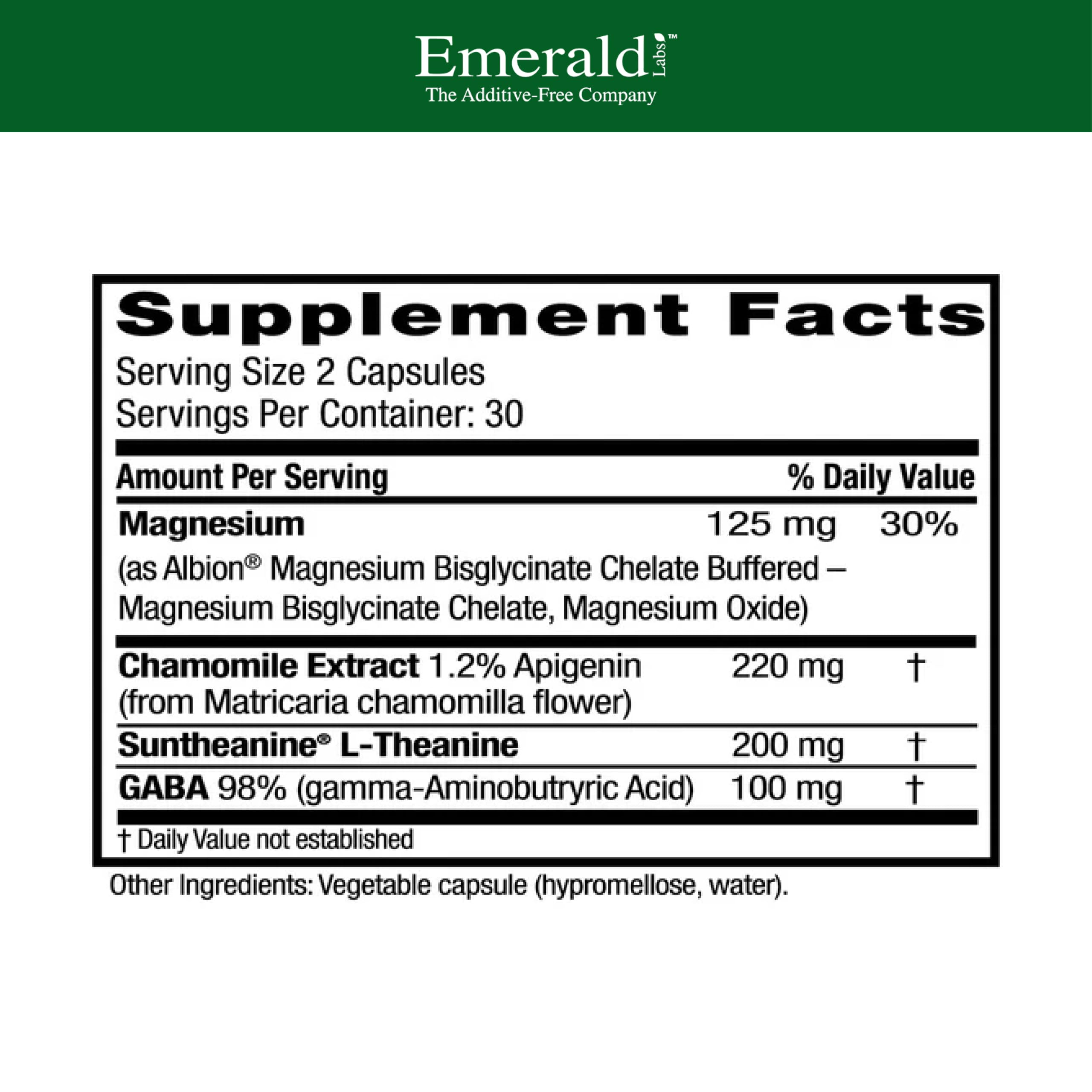 Emerald Labs Cerebral Calm capsules with bottle illustrate magnesium and L-Theanine calm support