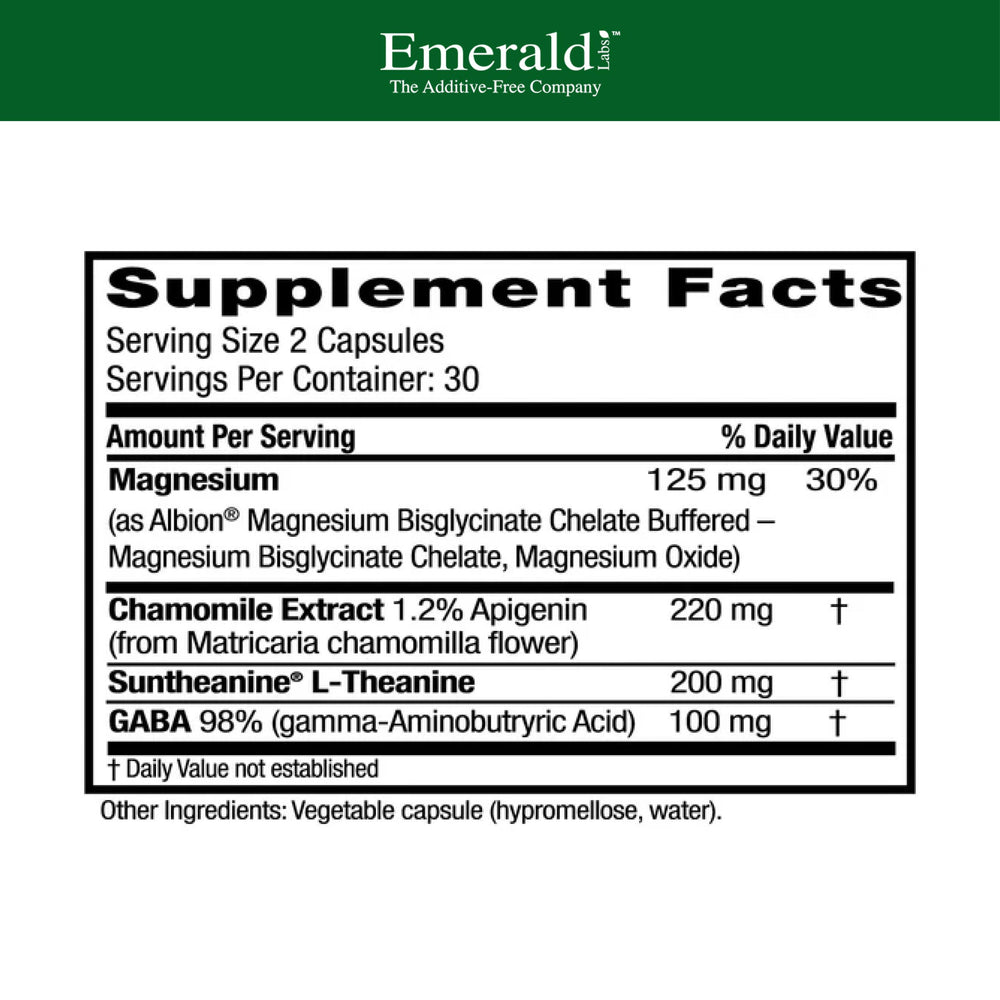 Emerald Labs Cerebral Calm capsules with bottle illustrate magnesium and L-Theanine calm support