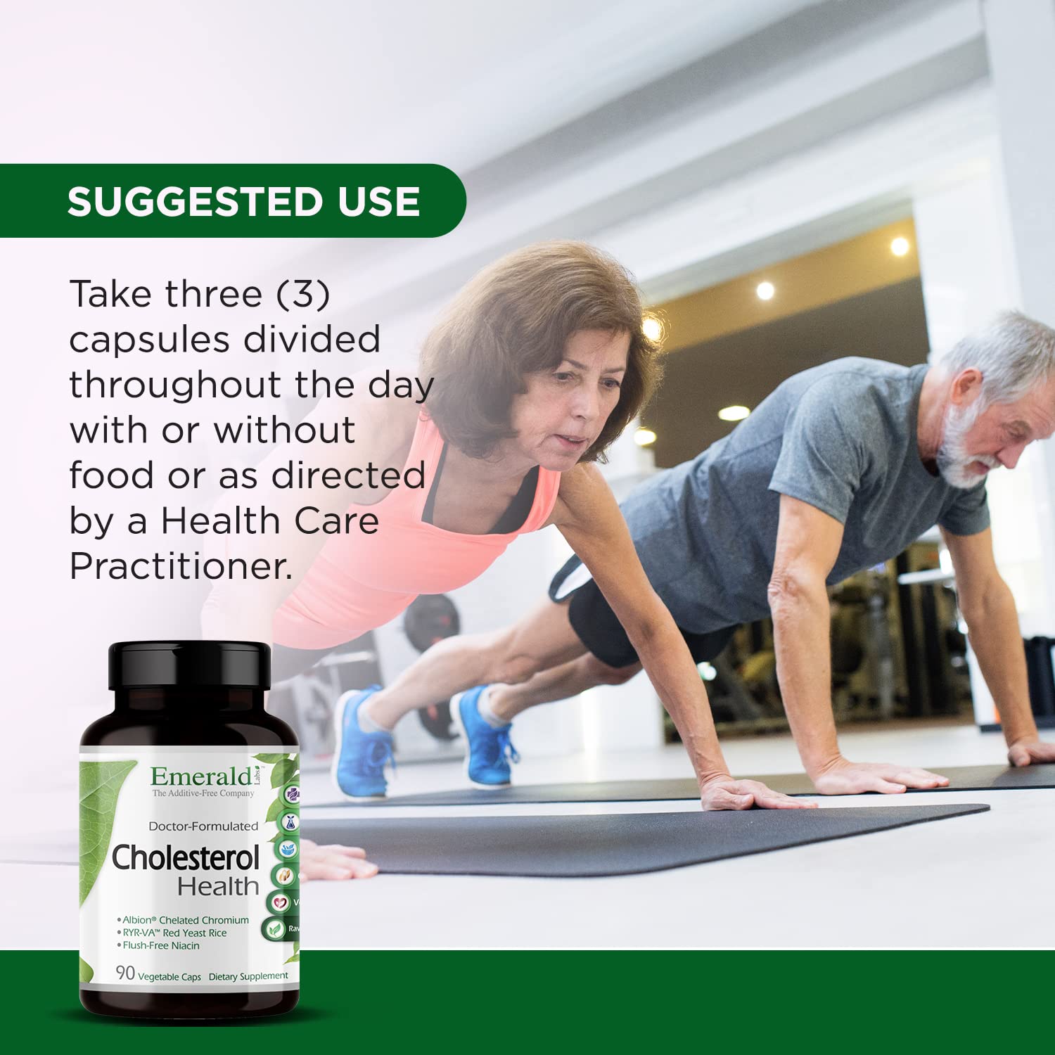 Emerald Labs Cholesterol Health capsules in glass, daily use with water