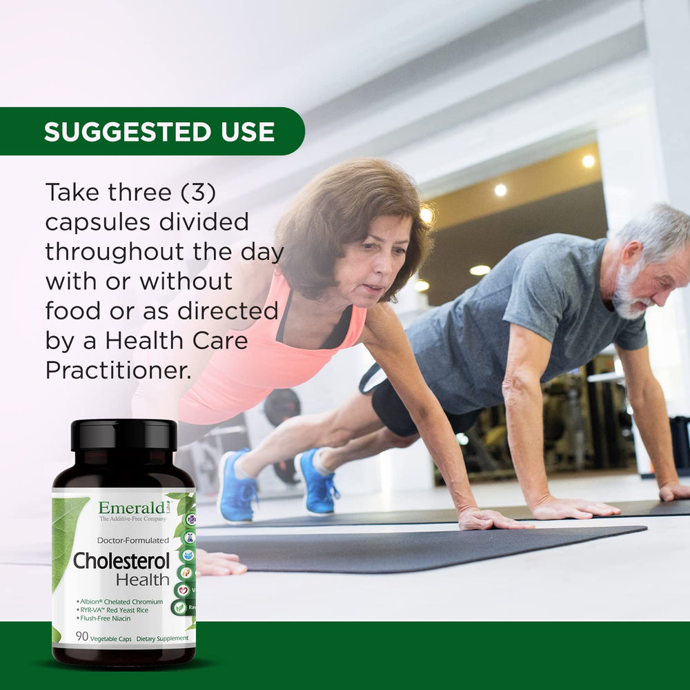 Emerald Labs Cholesterol Health capsules in glass, daily use with water