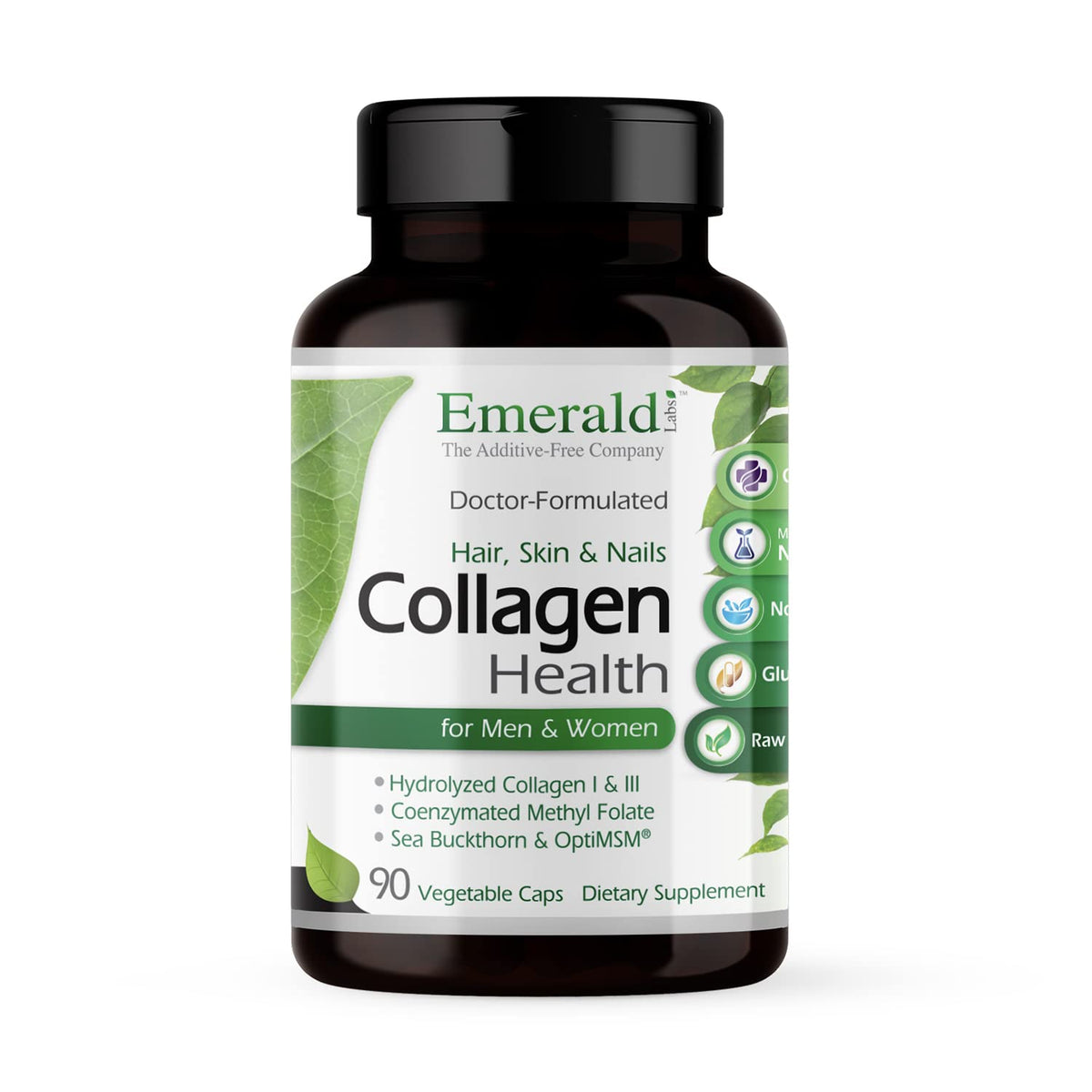 Emerald Labs Collagen Health bottle showing capsules for hair, skin, and nails support.