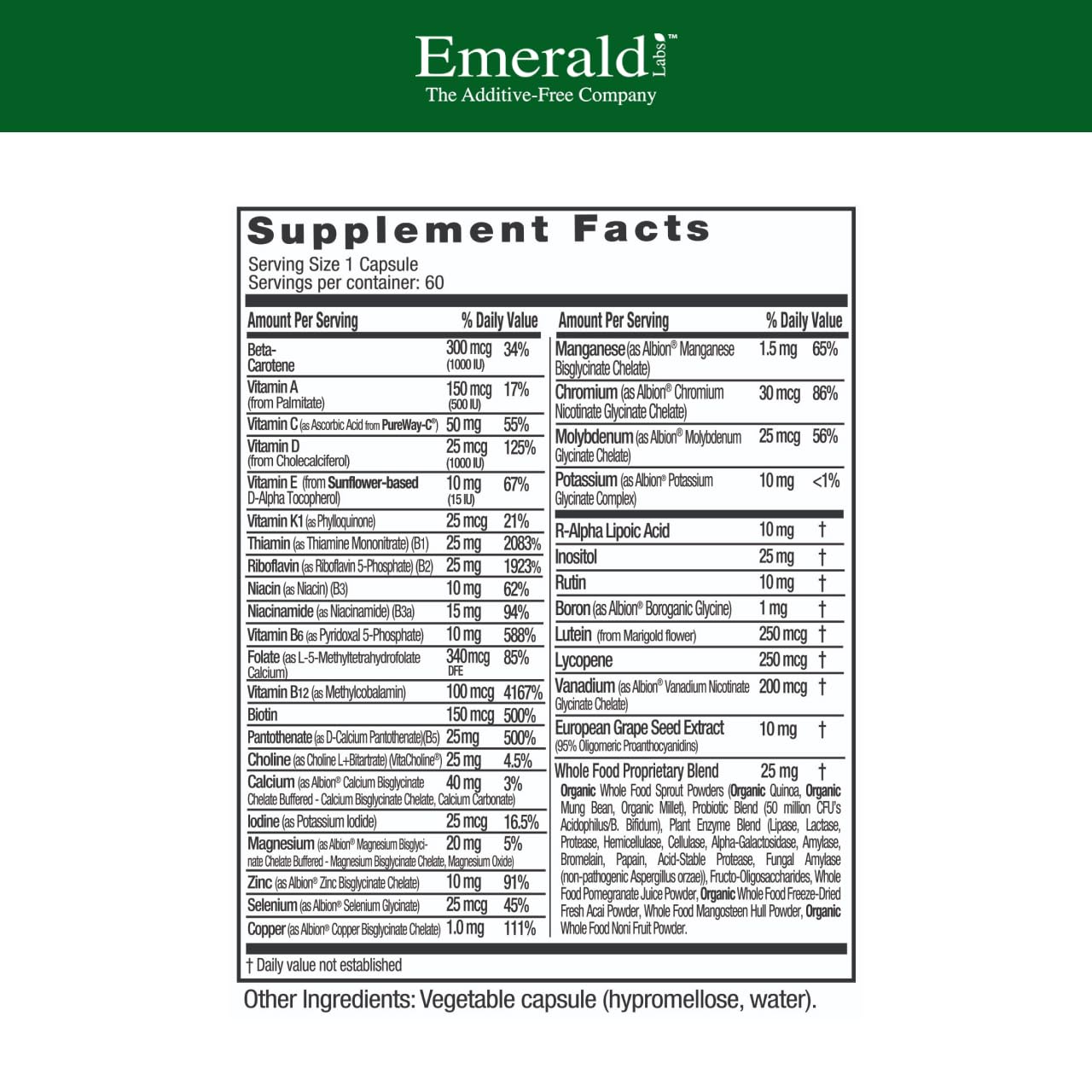 Emerald Labs Complete 1-Daily Multi bottle back highlights nutrient details and usage guidance.