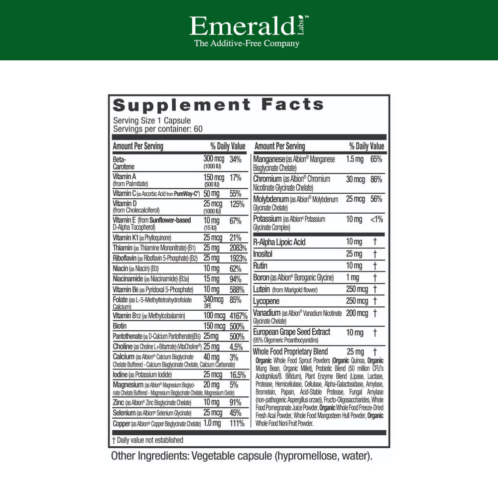 Emerald Labs Complete 1-Daily Multi bottle back highlights nutrient details and usage guidance.