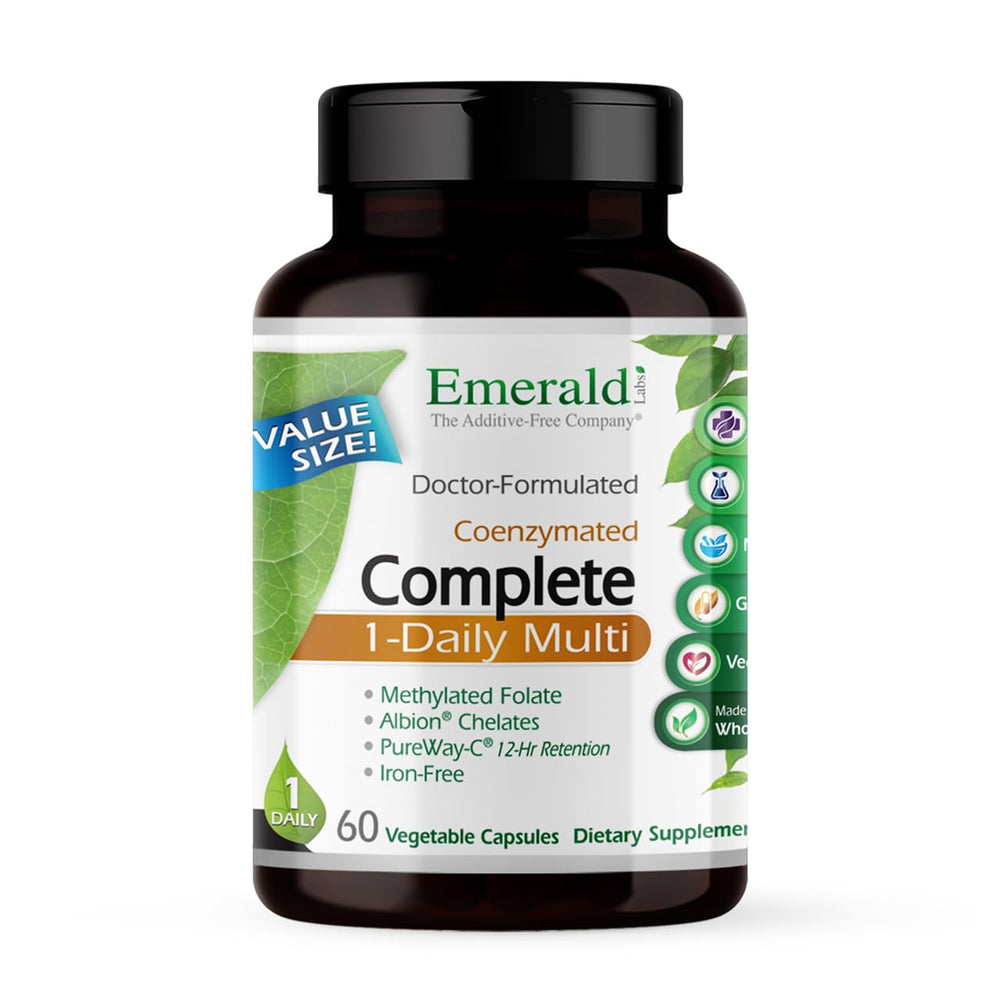Emerald Labs Complete 1-Daily Multi bottle front suggests daily immune and energy support.