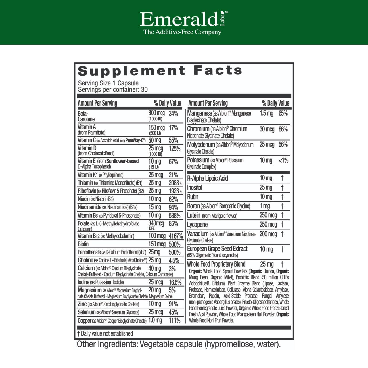 EMERALD LABS capsules provide a simple once-daily multivitamin for balanced nutrition.