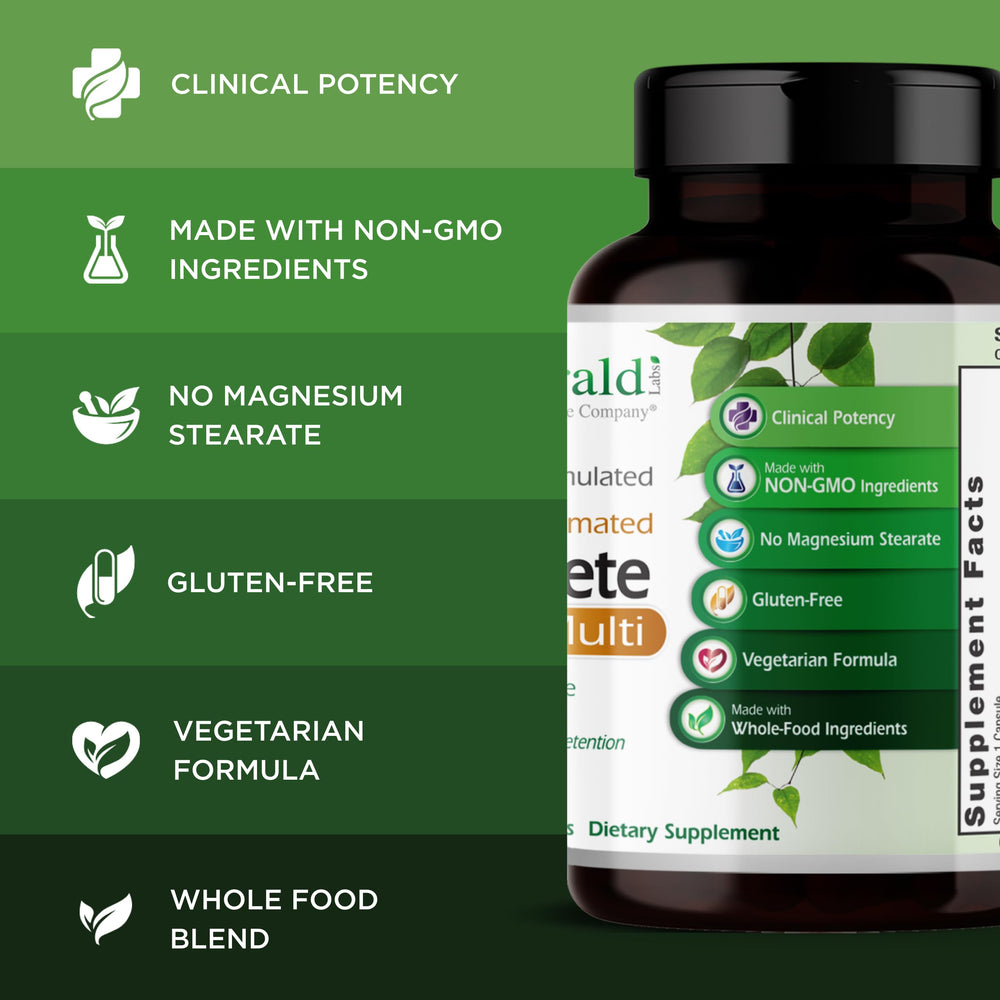 EMERALD LABS ingredients panel highlights methylated folate for daily support.