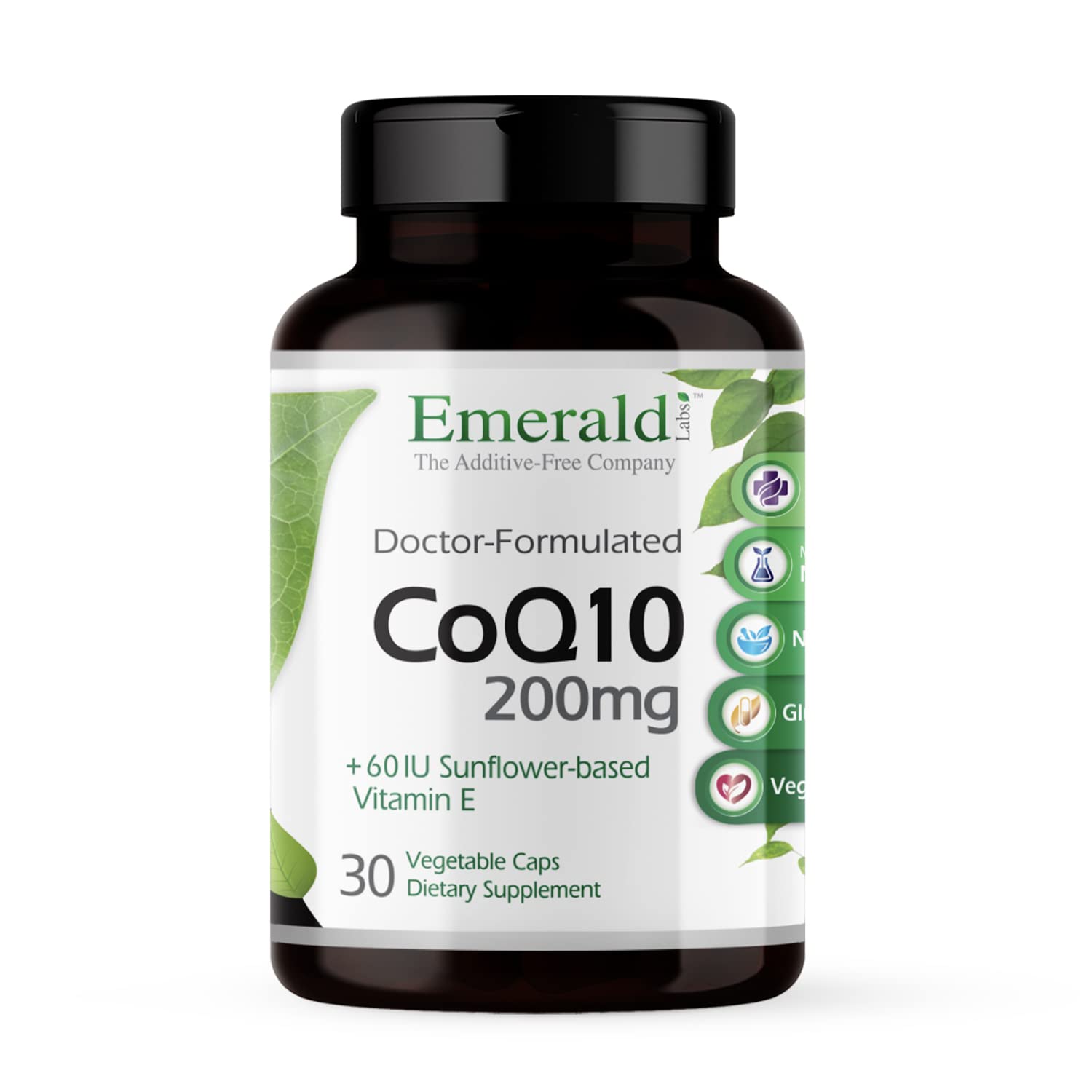 Emerald Labs CoQ10 200mg bottle front with clear label for daily vitality