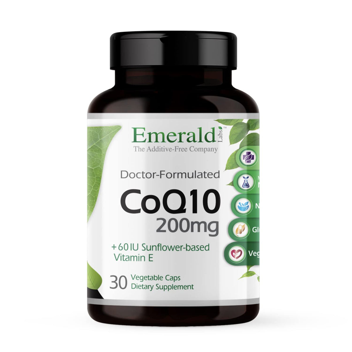 Emerald Labs CoQ10 200mg bottle front with clear label for daily vitality