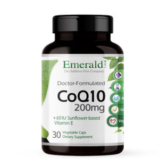 Emerald Labs CoQ10 200mg bottle front with clear label for daily vitality