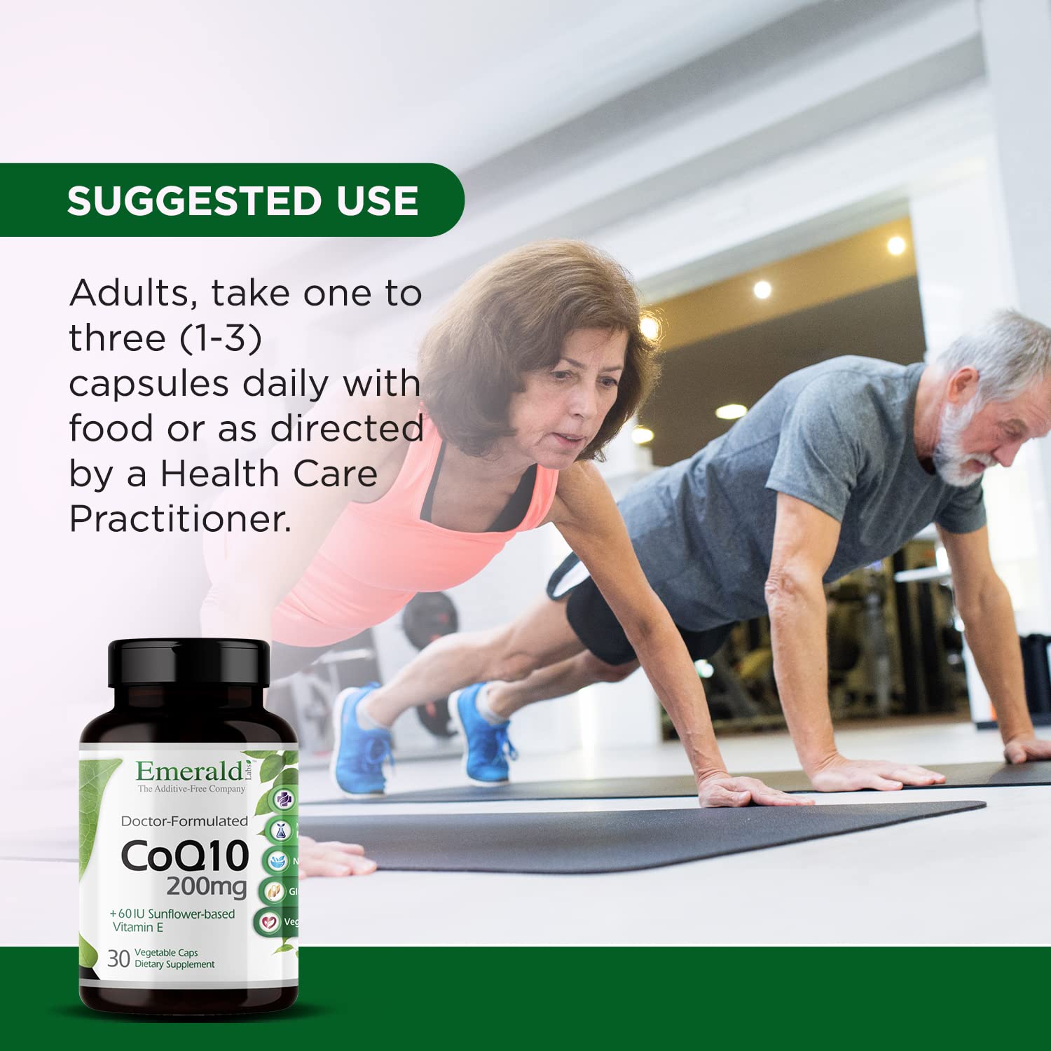 Emerald Labs CoQ10 200mg ingredients sourcing graphic emphasizes additive-free formula