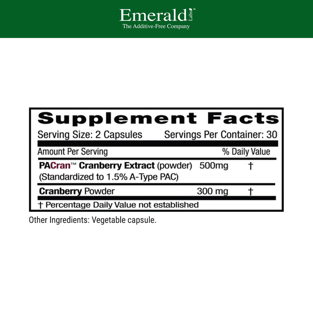 Emerald Labs Cranberry Extract bottle cap highlighting additive-free formulation