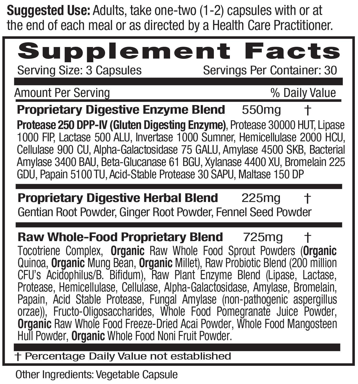 Emerald Labs Digestive Health label highlights probiotics and enzymes for gut balance.