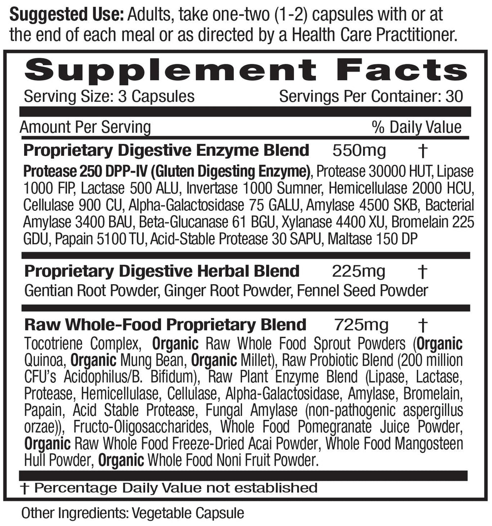 Emerald Labs Digestive Health label highlights probiotics and enzymes for gut balance.
